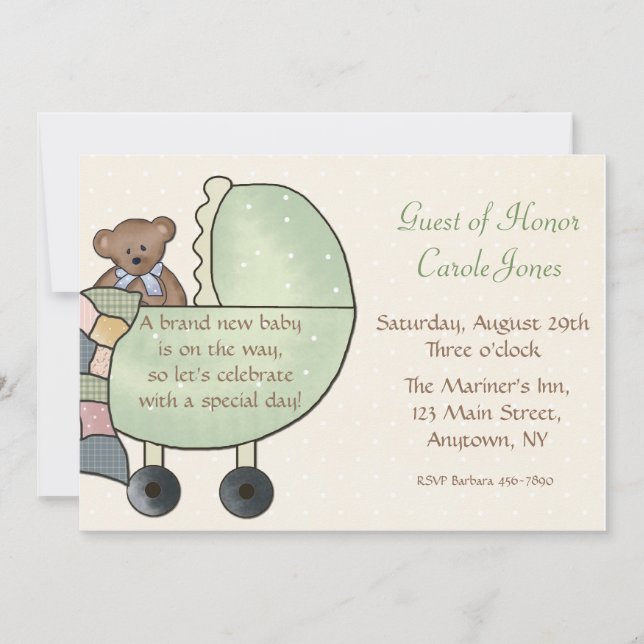Baby Carriage Green Invitation (Front)
