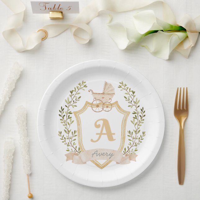 Baby Carriage Monogram A | Neutral Birth Announcem Paper Plate (Wedding)