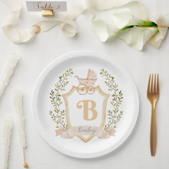 Baby Carriage Monogram "B" | Neutral Paper Plate (Wedding)