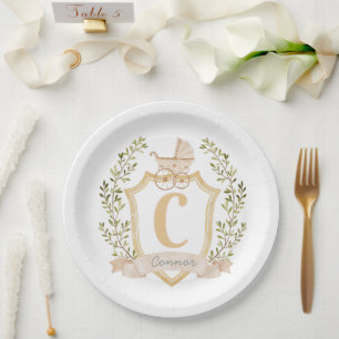 Baby Carriage Monogram "C"   Neutral  Paper Plate