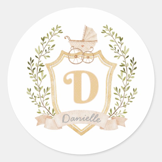 Baby Carriage Monogram D | Neutral  Classic Round Sticker (Front)
