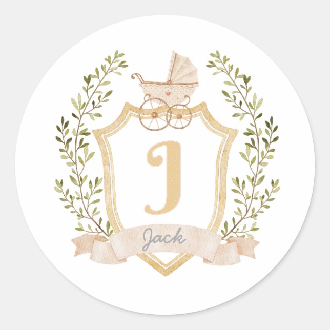 Baby Carriage Monogram J | Neutral  Classic Round Sticker (Front)