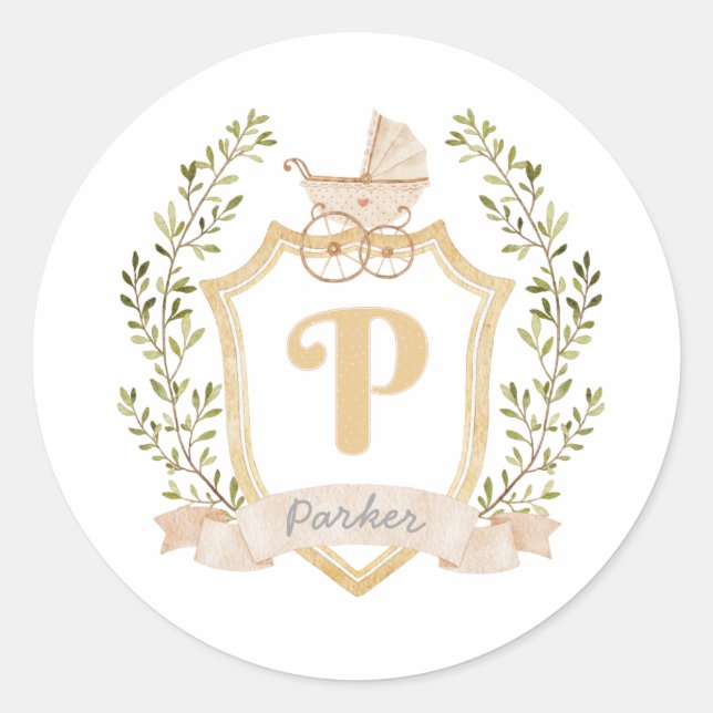 Baby Carriage Monogram P | Neutral  Classic Round Sticker (Front)