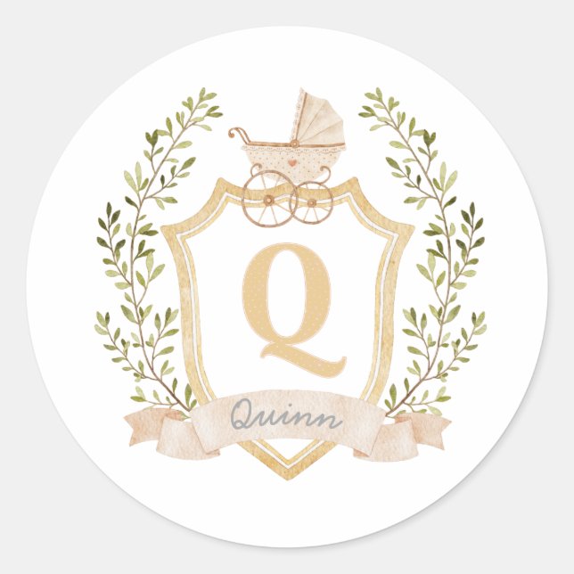 Baby Carriage Monogram Q | Neutral  Classic Round Sticker (Front)