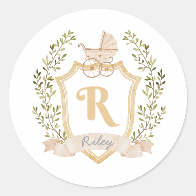 Baby Carriage Monogram R | Neutral  Classic Round Sticker (Front)