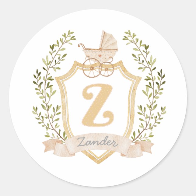 Baby Carriage Monogram Z | Neutral  Classic Round Sticker (Front)