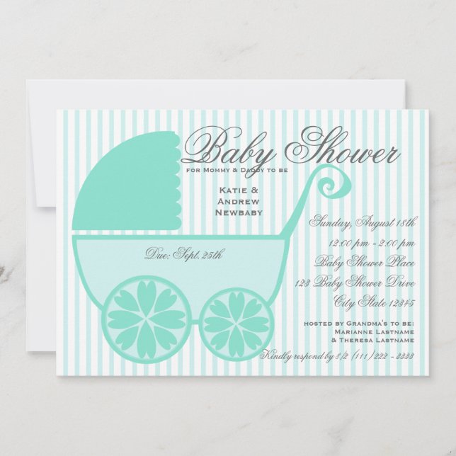 Baby Carriage Shower Turquoise and Grey Invitation (Front)