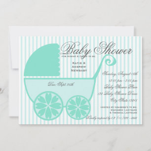 Baby Carriage Shower Turquoise and Grey Invitation