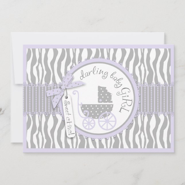Baby Carriage, Zebra Print & Lavender Baby Shower Invitation (Front)