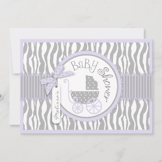 Baby Carriage, Zebra Print & Lavender Baby Shower Invitation (Front)