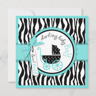 Baby Carriage, Zebra Print & Turquoise Baby Shower Invitation