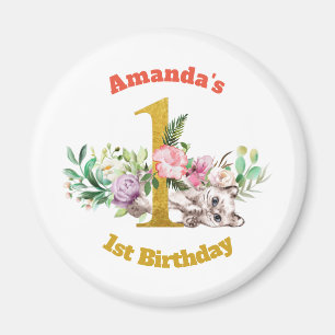 Baby Cat and Flowers 1st Birthday Magnet