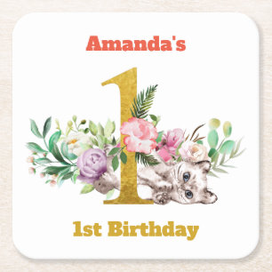 Baby Cat and Flowers 1st Birthday Square Paper Coaster