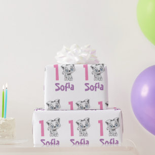 Baby Cat Plaid First Birthday Personalise Wrapping Paper