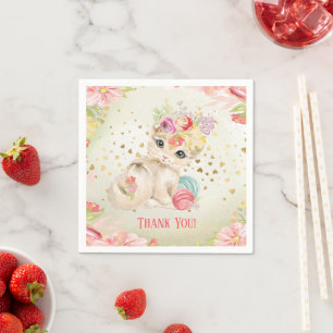 Baby Cat Watercolor Flowers Girl Birthday Napkin