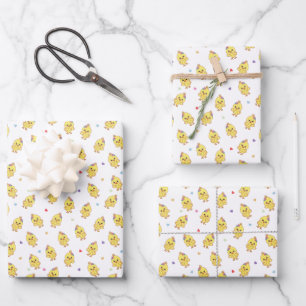 Baby Chicks Colourful Hearts Kawaii Wrapping Paper Sheet