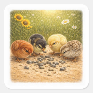 Baby Chicks Eating Sunflower Seeds – Cozy Farm Ill Square Sticker