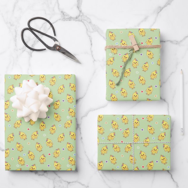 Baby Chicks Whimsical Kawaii Pattern Green Wrapping Paper Sheet (Front)