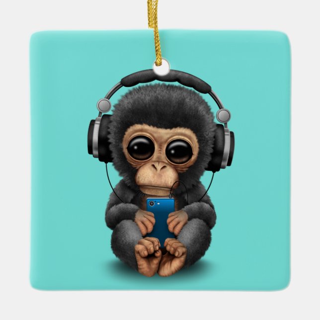 Baby Chimp with Headphones and Cell Phone Ceramic Tree Decoration (Front)