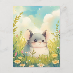 Baby Chinchilla in Sunny Wildflower Green Meadow Postcard