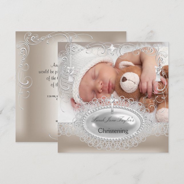 Baby Christening Baptism Girl Boy Silver Cross Invitation (Front/Back)
