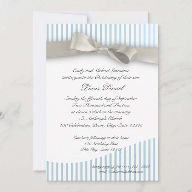 Baby Christening Pinstripe with Bow Invitation (Front)