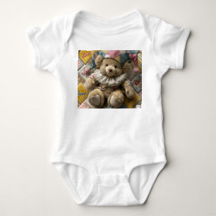 Baby clothes, 3D , beige bear with blue and pink Bodysuit