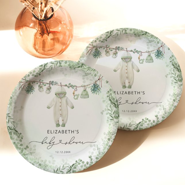 Baby Clothes Boho Eucalyptus Baby Shower  Paper Plate (Creator Uploaded)