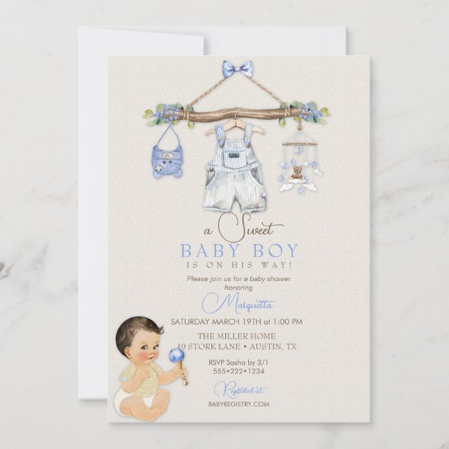 Baby Clothes Boy Baby Shower Ivory Blue Invitation (Front)