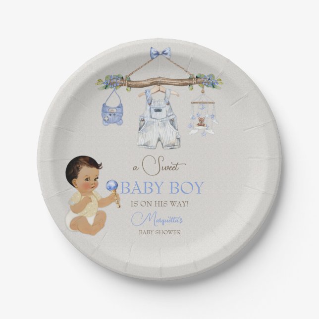 Baby Clothes Boy Baby Shower Ivory Blue Paper Plate (Front)