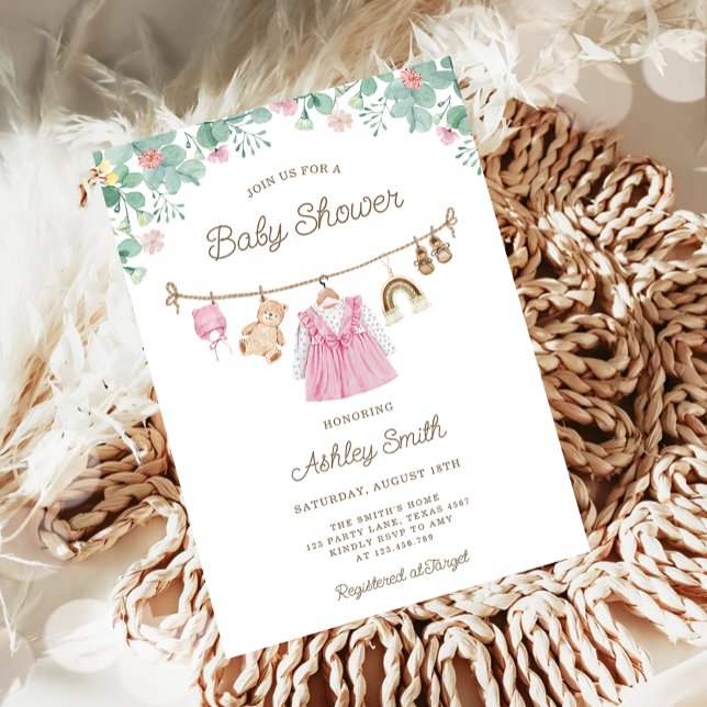 Baby Clothes Clothesline Boho Girl Baby Shower Invitation (Creator Uploaded)
