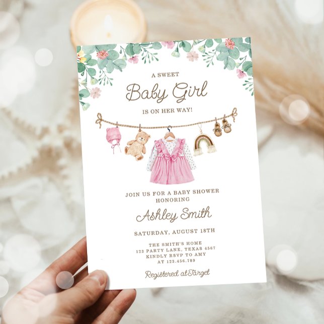 Baby Clothes Clothesline Boho Girl Baby Shower Invitation (Creator Uploaded)