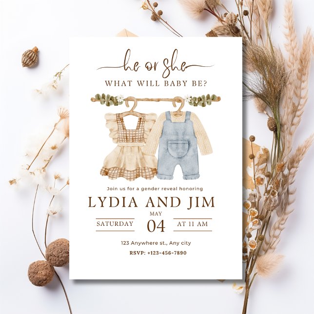 Baby Clothes Gender Reveal Invitation, Boho Baby Invitation (Creator Uploaded)