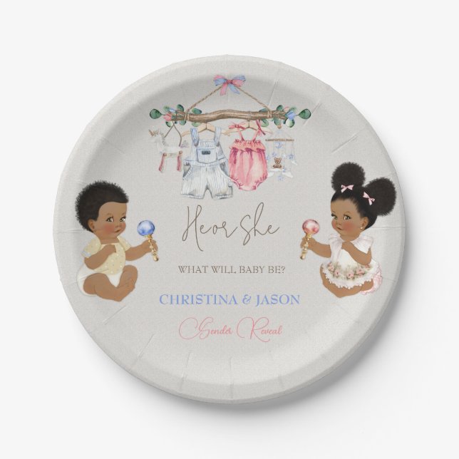 Baby Clothes Gender Reveal Ivory Pink Blue Paper Plate (Front)