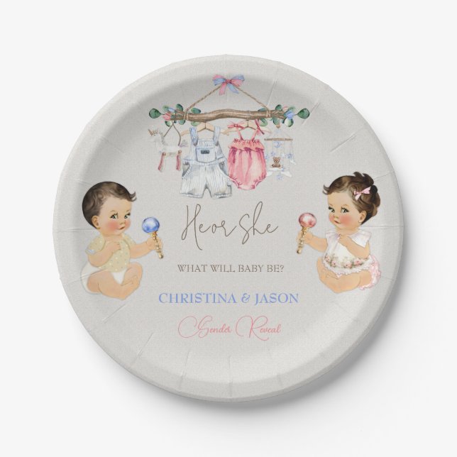 Baby Clothes Gender Reveal Ivory Pink Blue Paper Plate (Front)