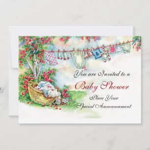 BABY CLOTHES HANGING IN FLOWER GARDEN Baby Shower Invitation
