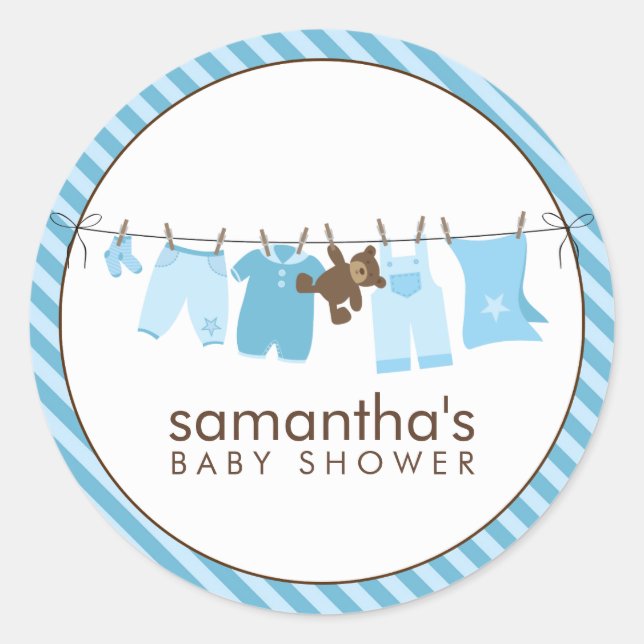 Baby Clothesline {blue} Classic Round Sticker (Front)