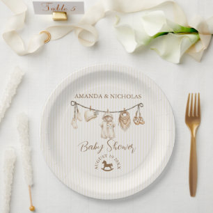 Baby Clothesline Neutral Baby Shower Striped Paper Plate