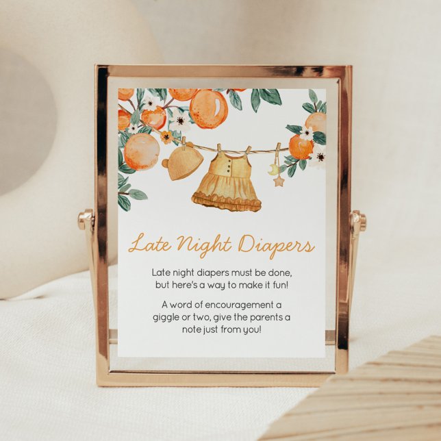 Baby Clothesline Orange Fruit Late Night Diapers Poster (Baby Clothesline Orange Baby Shower Late Night Diapers Sign)