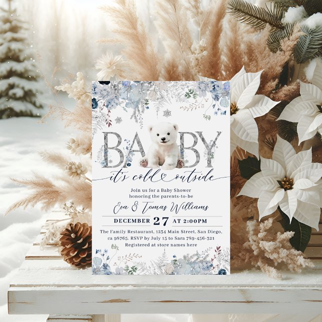 Baby cold outside Floral & Bear Baby Boy Shower Invitation (Creator Uploaded)