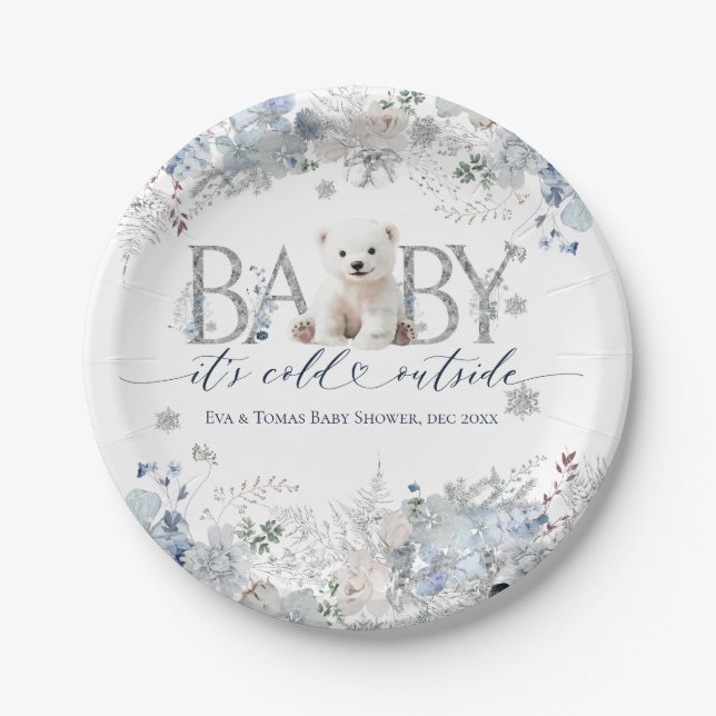 Baby cold outside Floral & Bear Baby Boy Shower Paper Plate (Front)