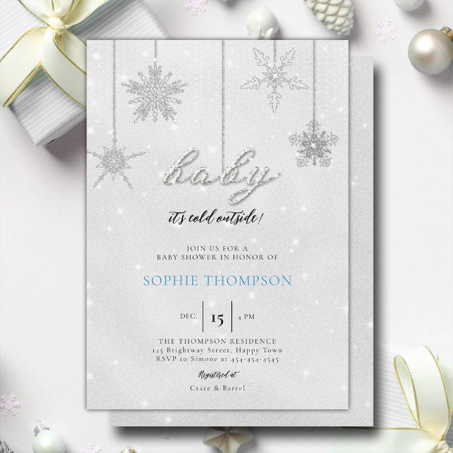 Baby Cold Outside Glitter Snowflakes Boy Shower Invitation (baby its cold outside baby shower invitation rhinestone glitter sparkle snowflakes baby boy elegant)