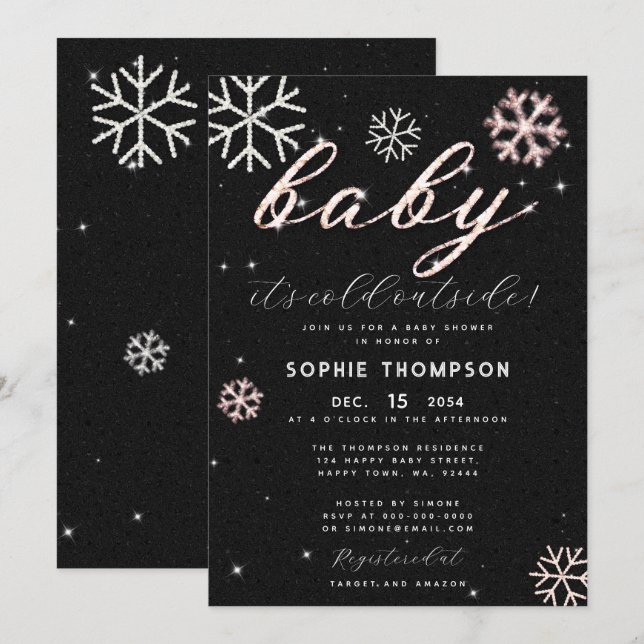 Baby Cold Outside Pink Rhinestones Girl Shower Invitation (Front/Back)