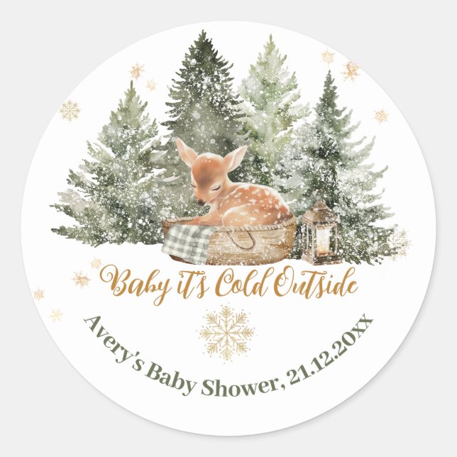 Baby Cold Outside Rustic Deer Winter Baby Shower Classic Round Sticker (Front)