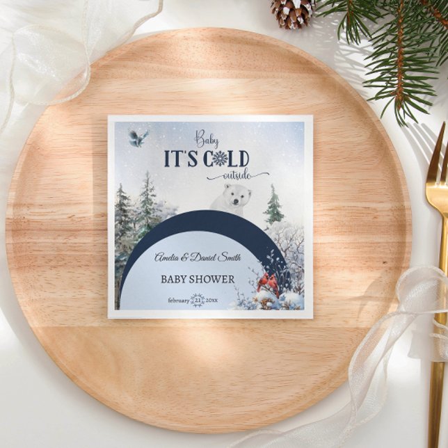 Baby Cold Outside Snowy Bear Bird Baby Shower Napkin (Creator Uploaded)