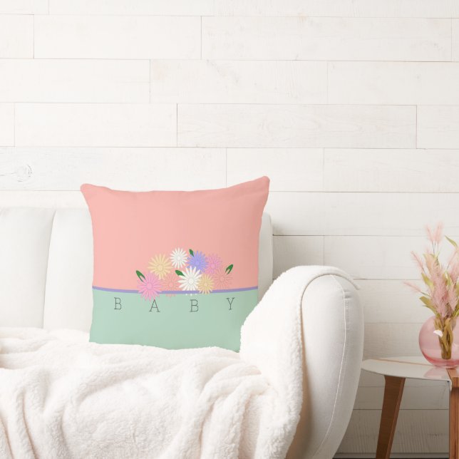 Baby Colourful Daisies on Soft Peach & Jungle Mist Cushion (Couch)