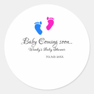 Baby coming soon baby shower blue pink baby feet n classic round sticker