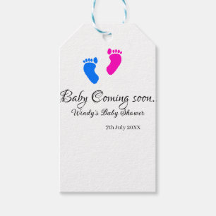 Baby coming soon baby shower blue pink baby feet n gift tags