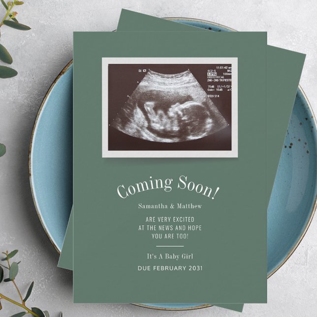 Baby Coming Soon Ultrasound Pregnancy Announcement (Pregnancy Announcement Sonogram Baby Scan Green Custom Photo Card)
