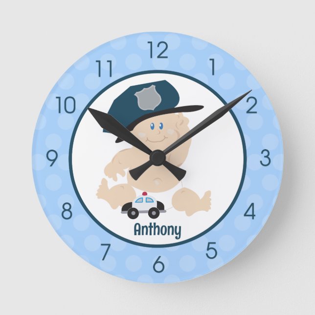 Baby Cop Blue Boy Nursery Wall Clock (Front)